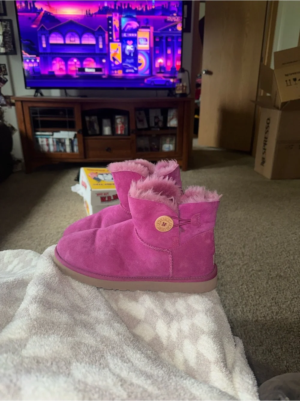 UGG Pink Suede Shearling Ankle Boots